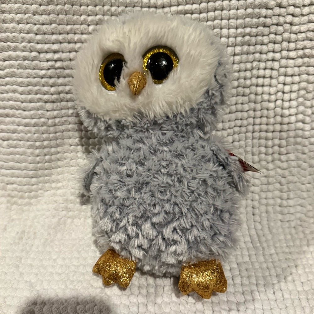 Ty Plush Grey and White Owl Toy with Gold Beak and Feet - Owlette